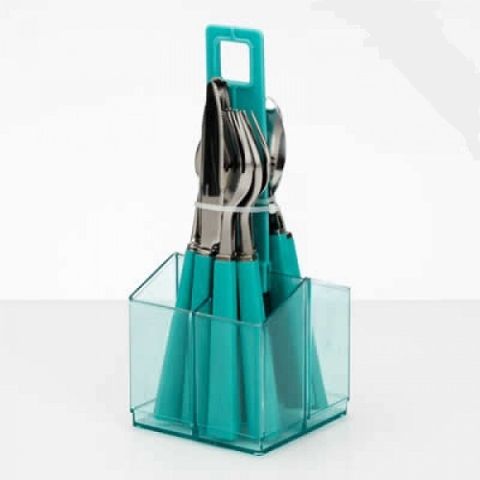 Cutlery Set With Holder - Aqua